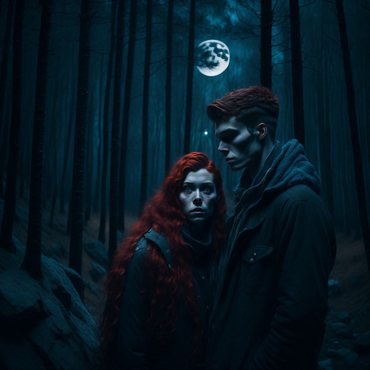 night time survival horror full moon woods redheads pale scared photorealistic