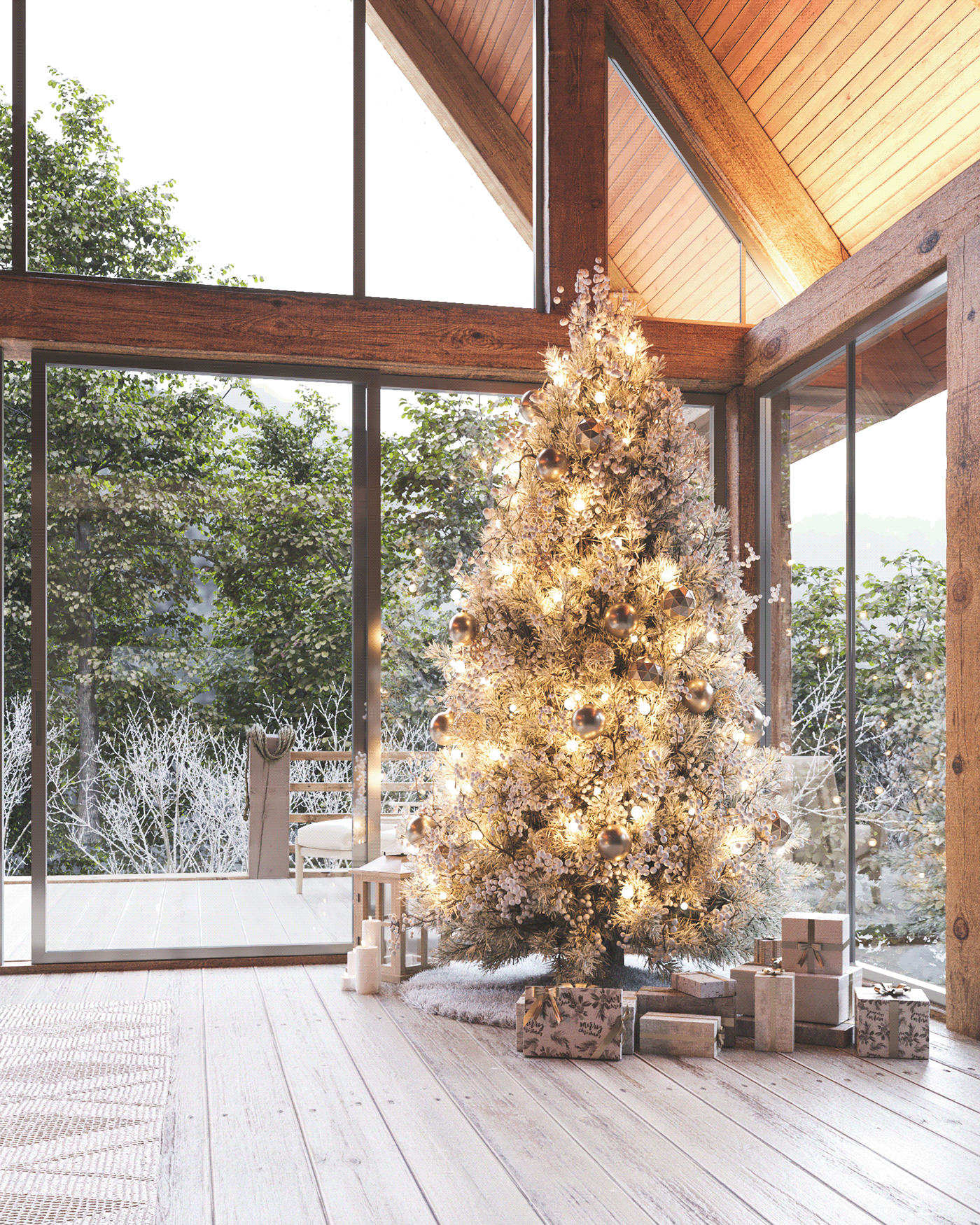 3D archviz CGI christmas Tree corona interior design  Photography  Render snow visualization