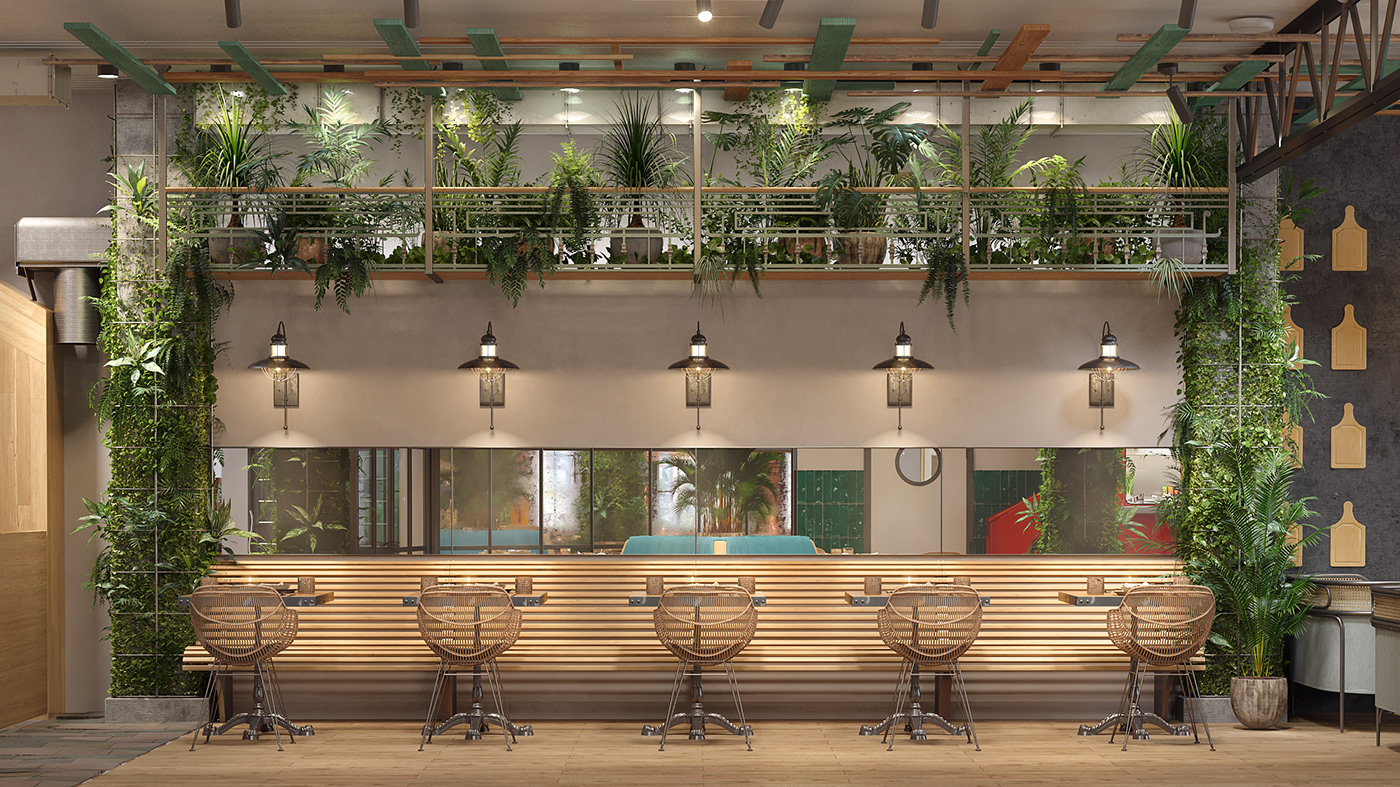 restaurant bar terrace plants Layout design veranda LOFT club Interior