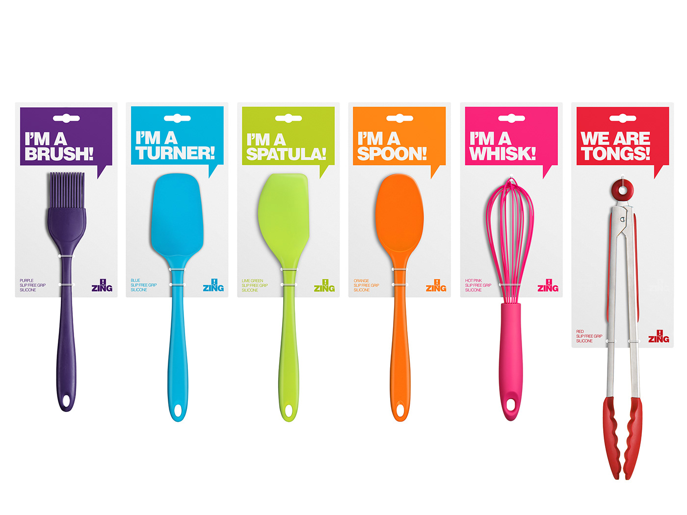 zing colour multi coloured pink lime green blue red purple orange utensils colanders premier houseware housewares homewares homeware hangtag header card hanger Packaging brand logo KITCHENWARE cookware kitchen silicone rubber spoon spatula Turner tongs brush rolling pin box Fun Colourful  premium quirky Character helvetica speech bubble