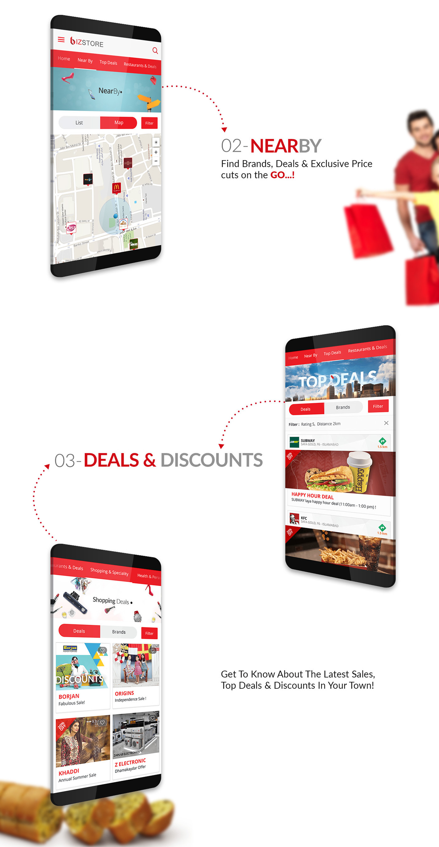 Bizstore mobile iphone application Shopping business Deals discounts red Pakistan Qatar dubai Food  brands Shops