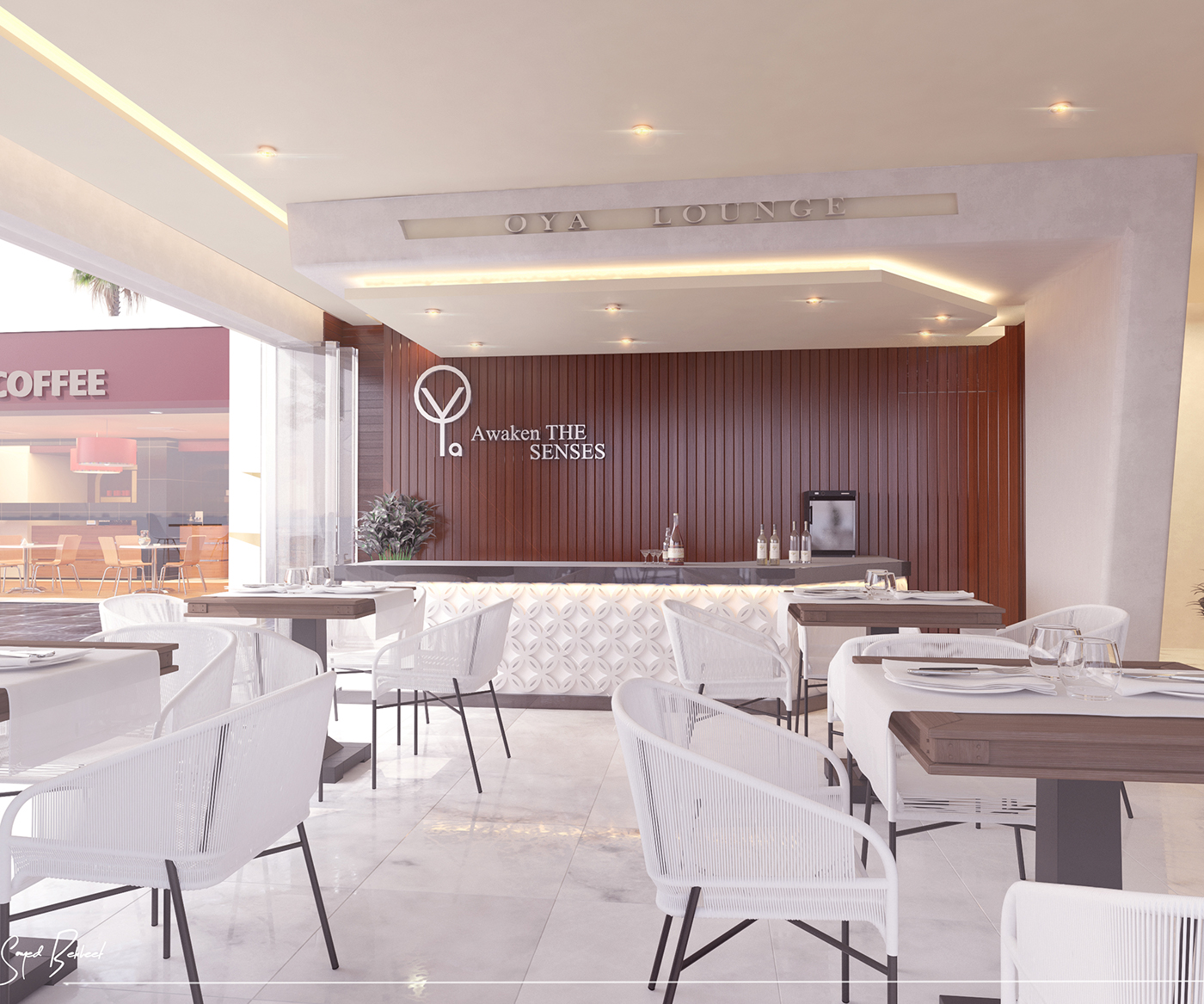 modern Interior restaurant lounge wooden White Marble graphic daylight