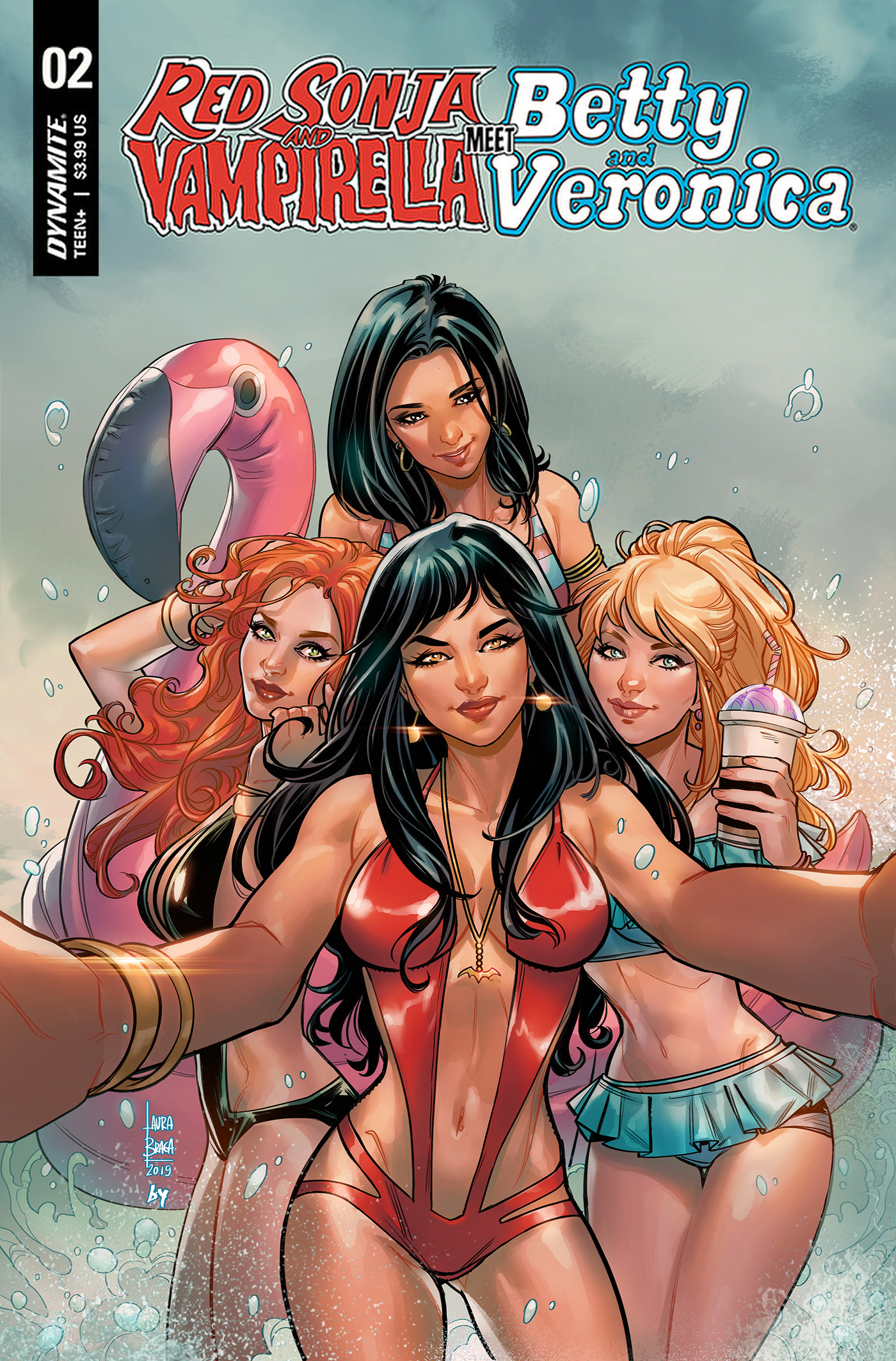 bikini selfie comic colorist beach party woman girls dynamite Comic Book Cover Art flamingo