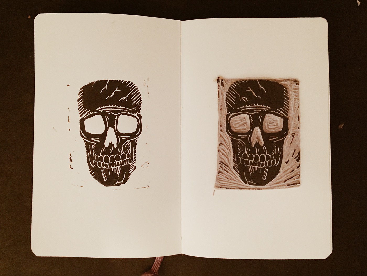 lino print linoleum block printing skull Printing ink black and white