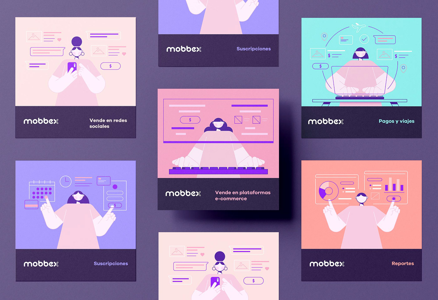Illustrations for Mobbex, a startup that integrates all payment methods for both offline and online 