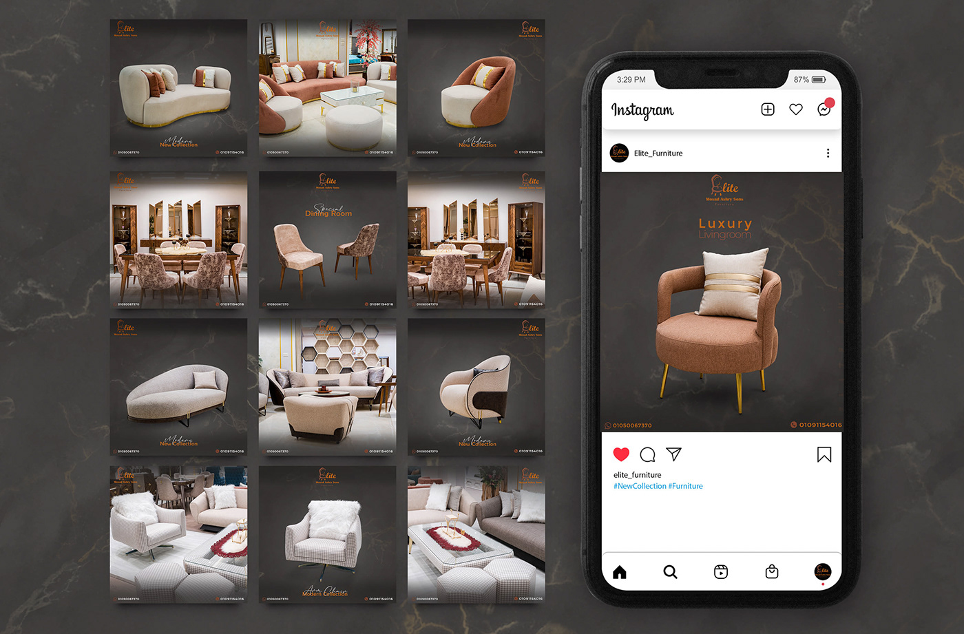 furniture interior design  modern Couch Social media post sofa dark Theme Mockup Advertising 
