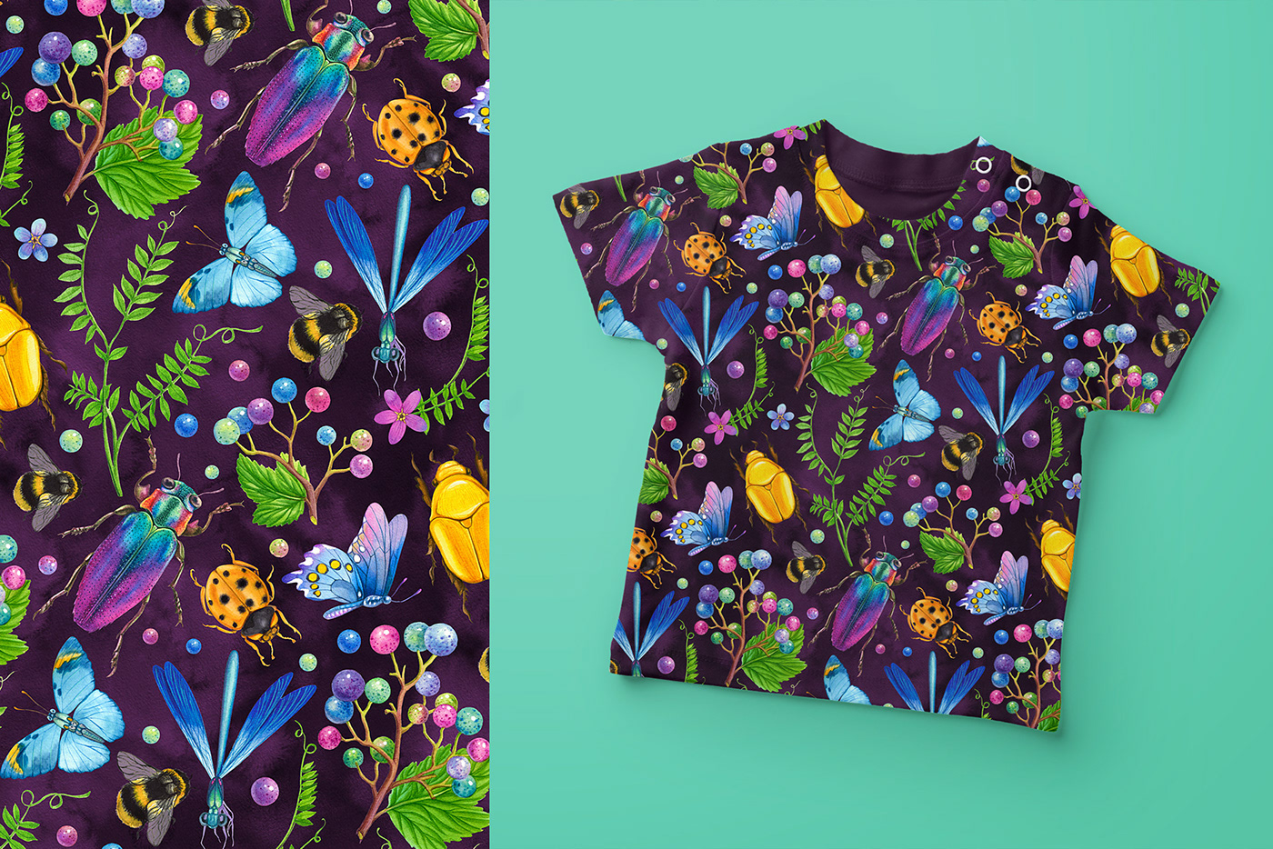 beetle bugs fabric design Fashion  Nature pattern print seamless pattern textile design  watercolor