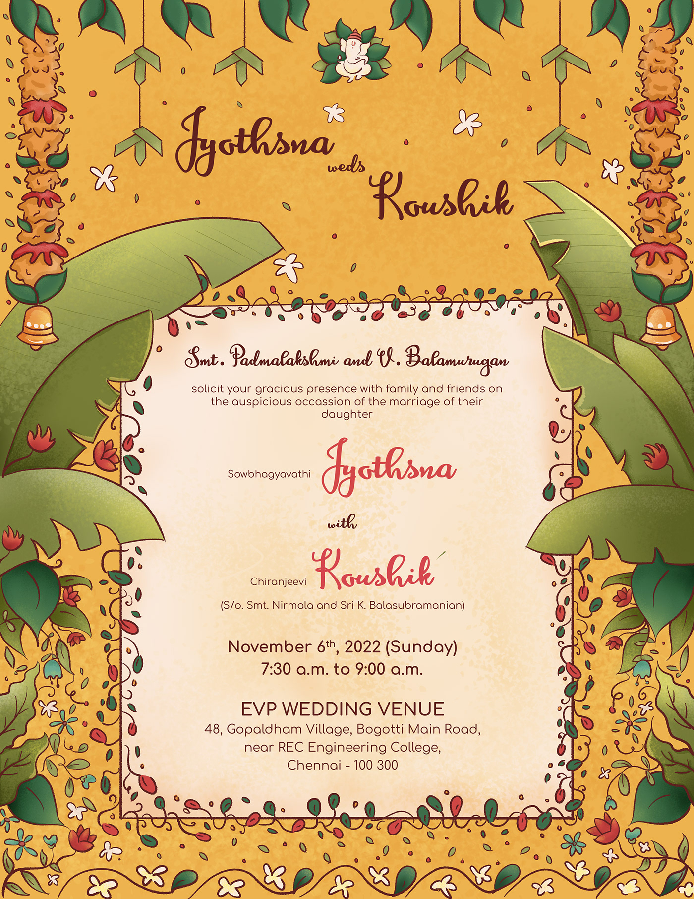 Tamil iyer bride and groom indian wedding invitation
