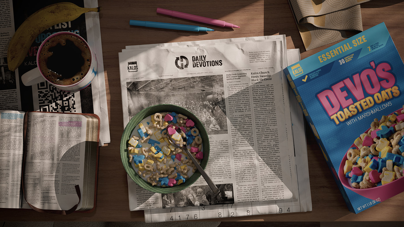 A bowl of cereal with milk rests on a newspaper, surrounded by Bible, Banana and cereal box