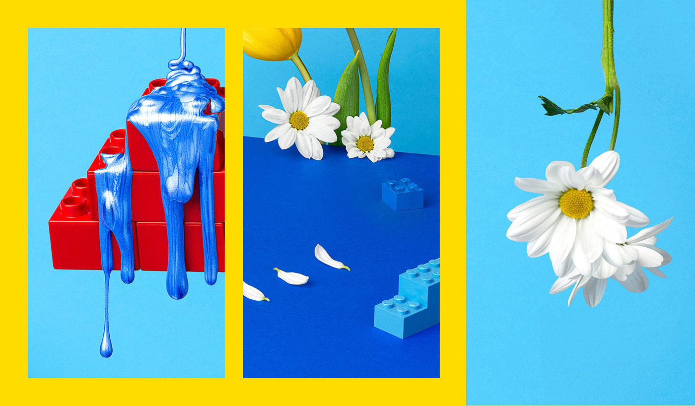 Colorful & playful advertising campaign: blue peel off mask pouring over a lego brick