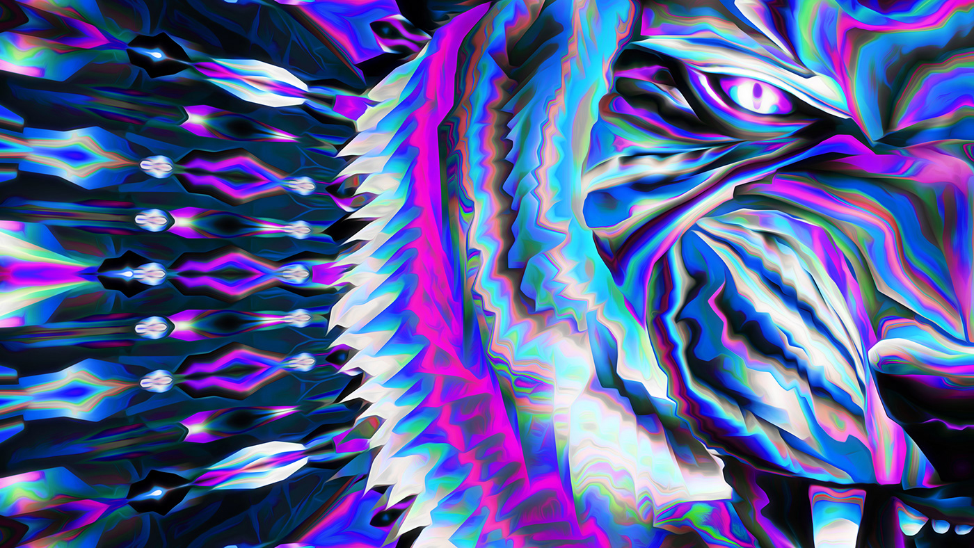 abstract animal Mandala neon nft ornament roar symmetry tiger vector