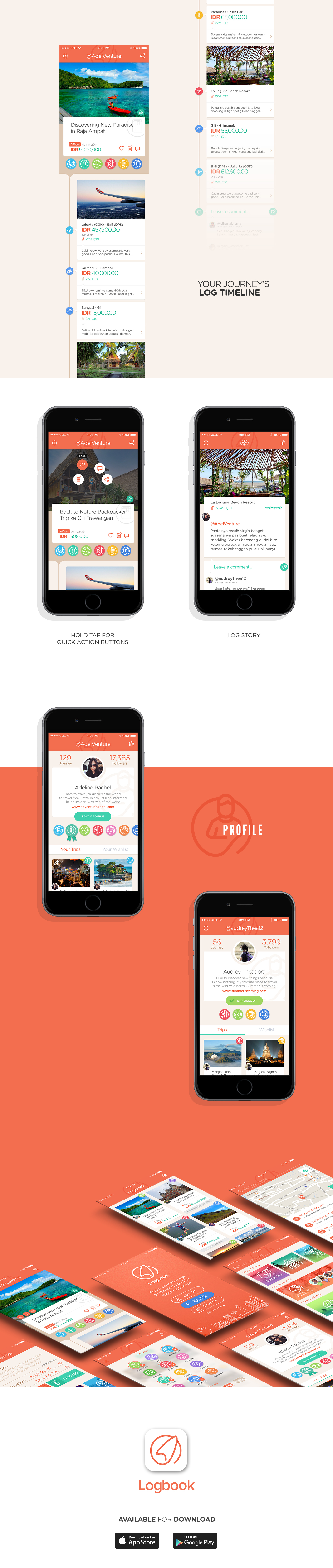 logbook Travel social app UI ux indonesia discover journey journal community Guide icons mobile