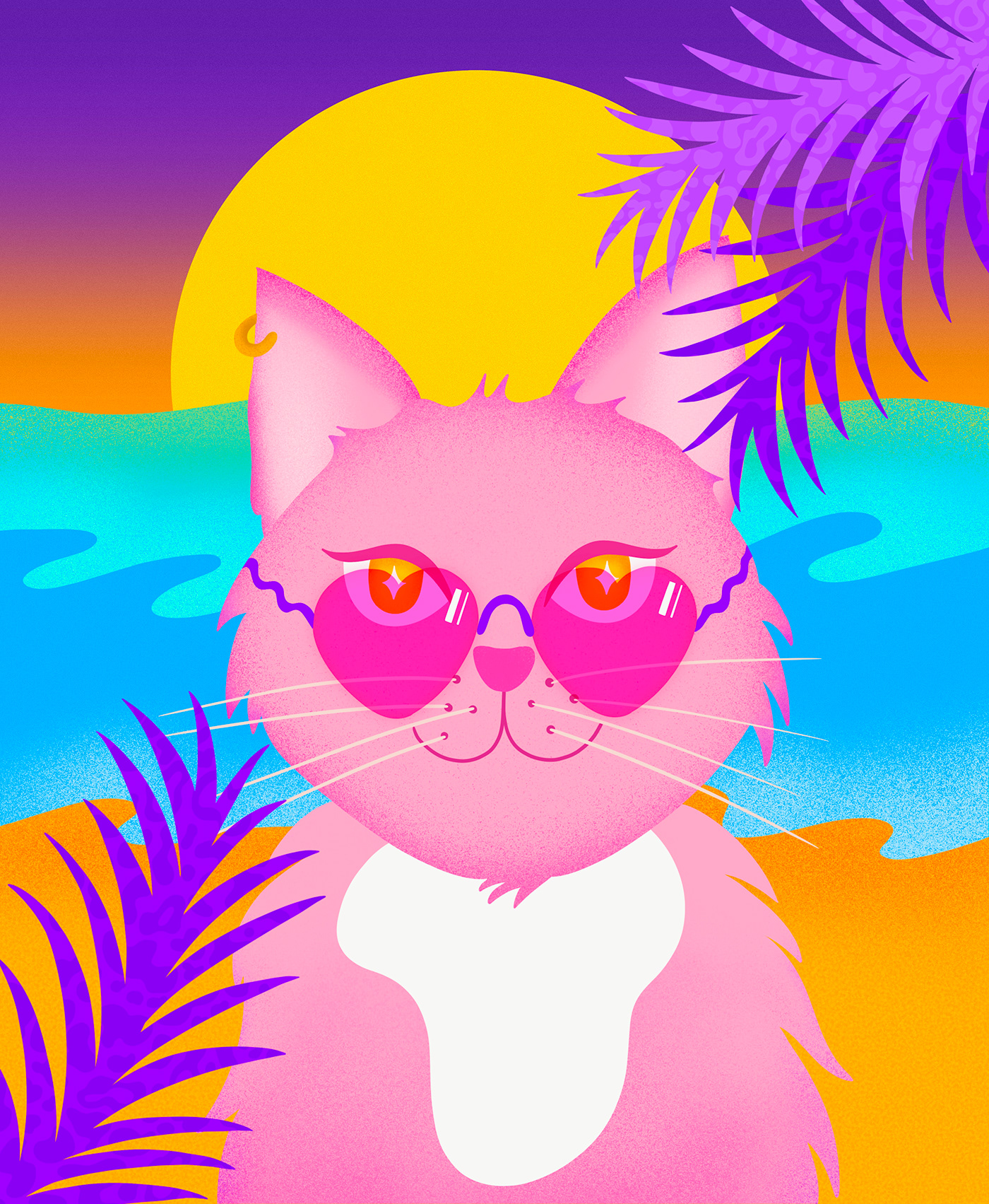 beach illustration miami vibe ocean illustration pink cat pink glasses Pink Panther purple palm tree sassy cat sunsets Tropical vibes
