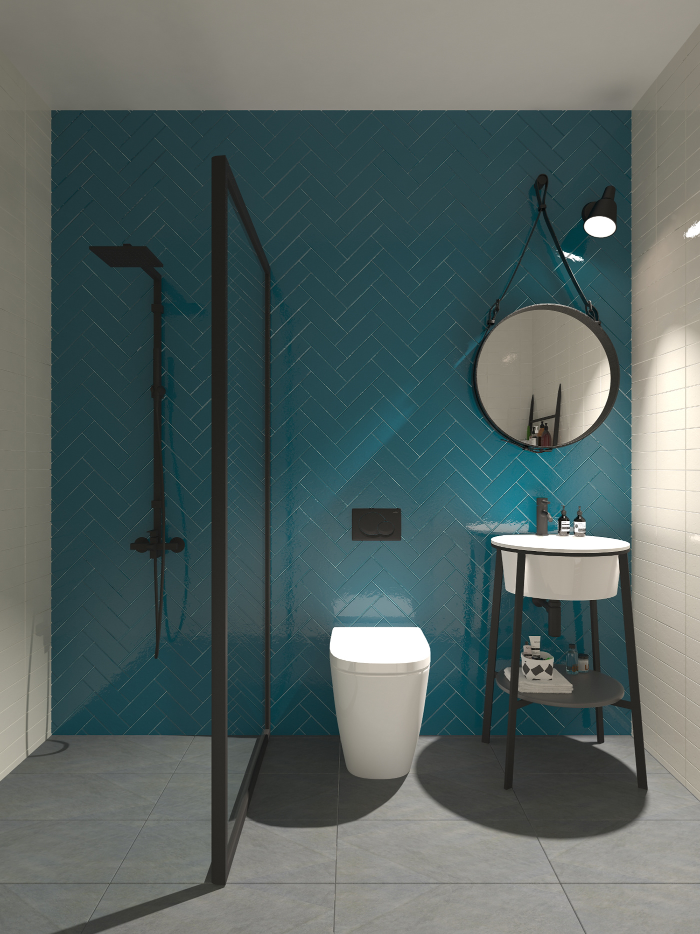 bathroom Minimalism design tile turquoise White mirror