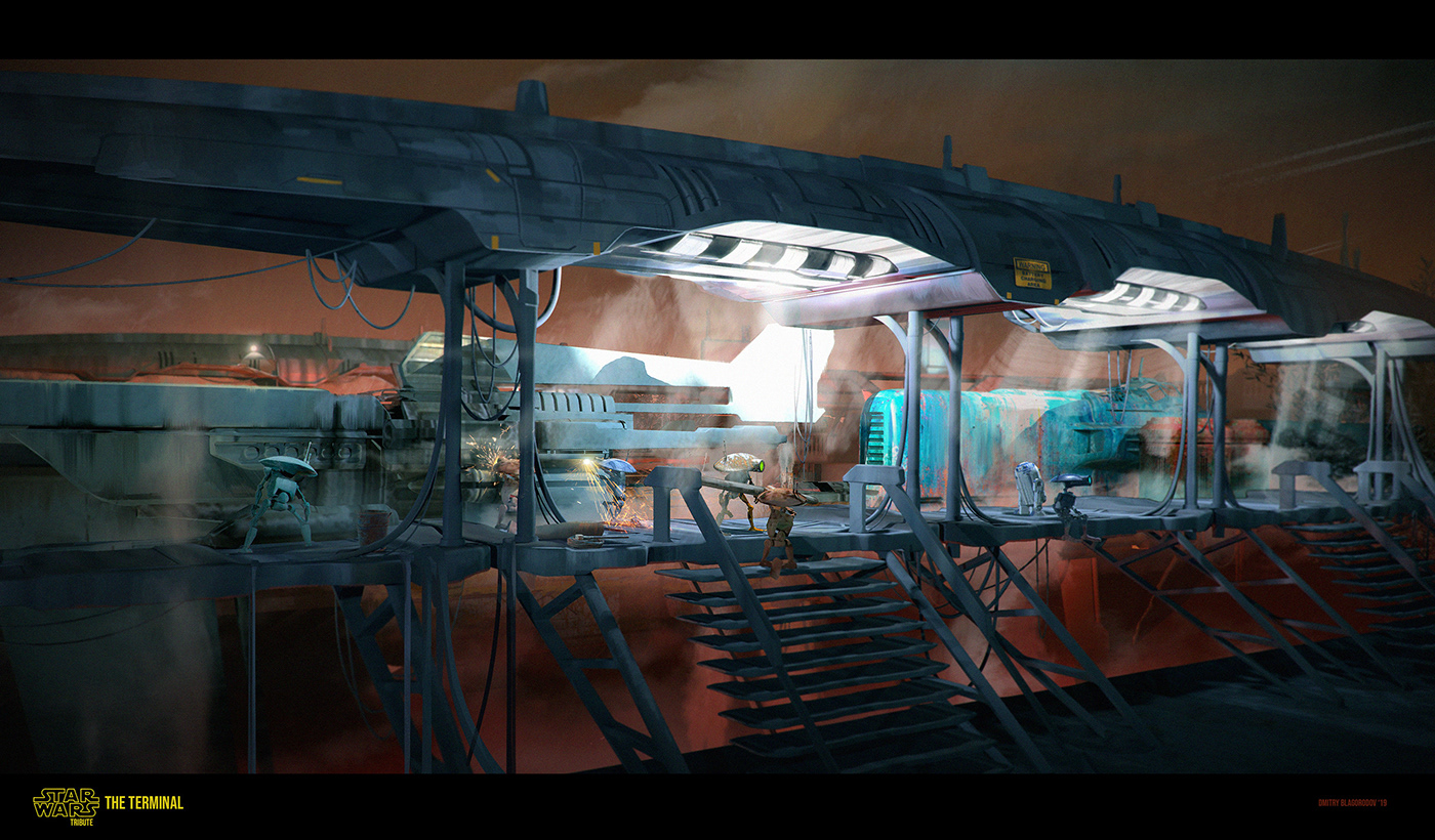 Starwars starwarsart Lucasfilm EnvironmentDesign conceptart keyframe scifiart terminal georgelucas vehicledesign