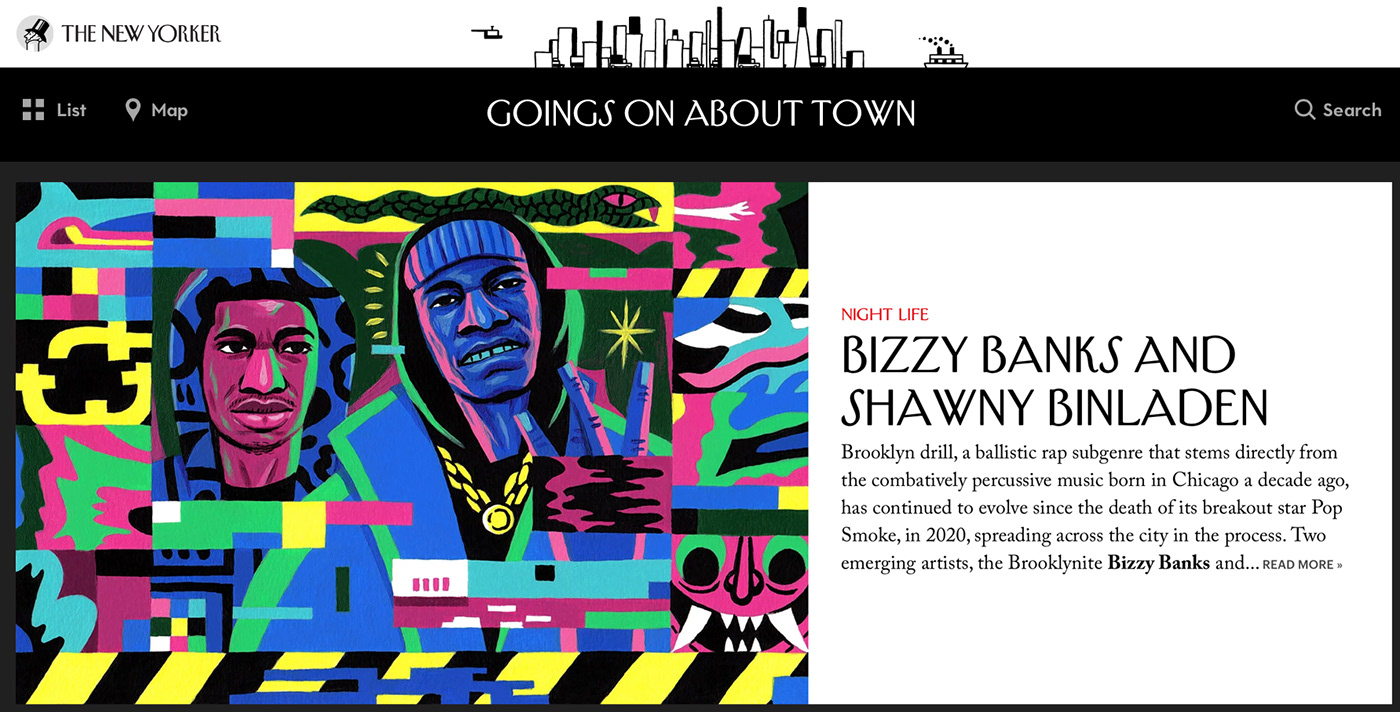 Acrylic On Paper Bizzy Banks brooklyn drill Hand Painted ILLUSTRATION  shawny binladen The New Yorker