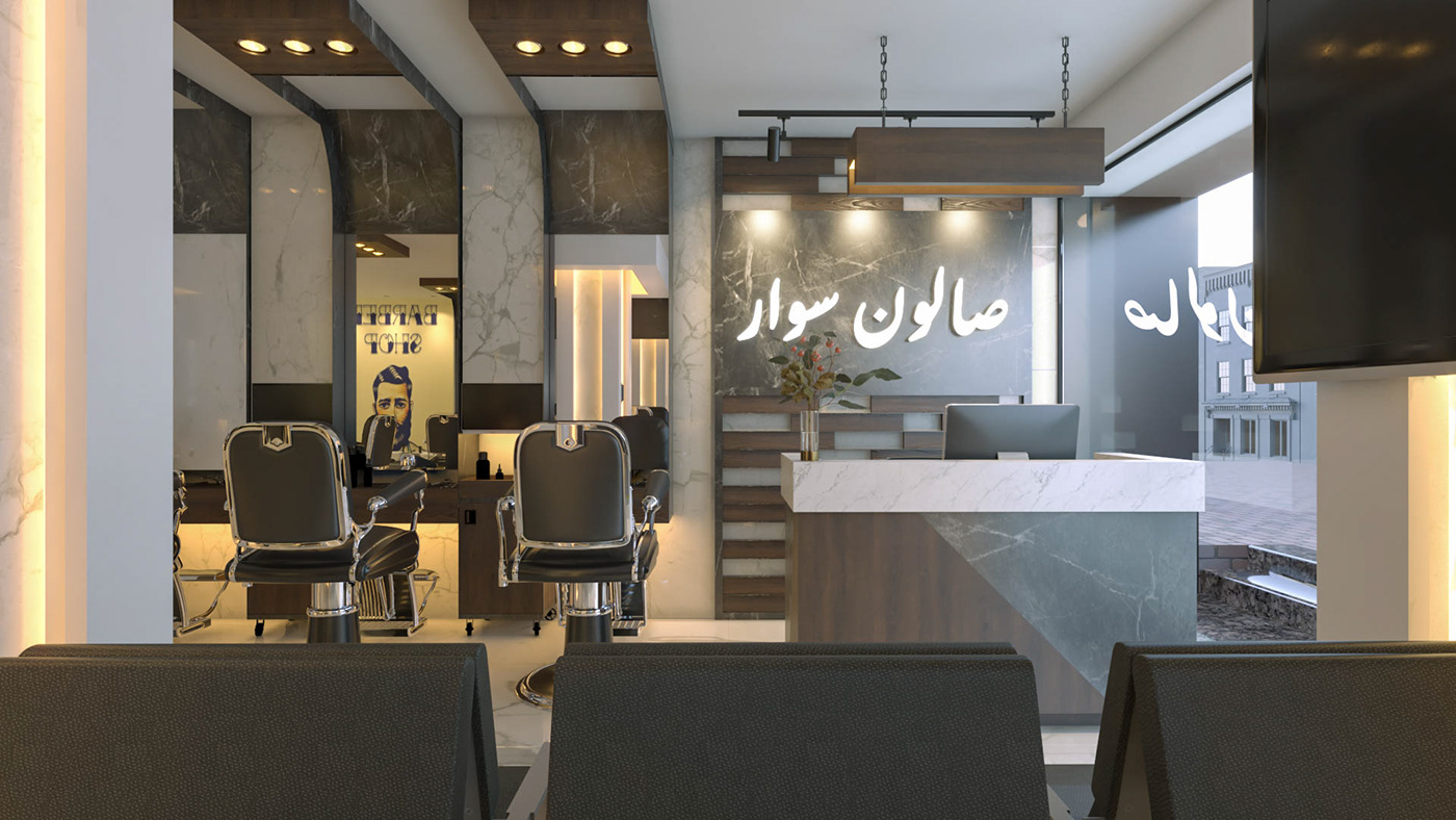 Eslam Hamed Interior barber shop brand identity interior design  Render visualization 3ds max corona vray