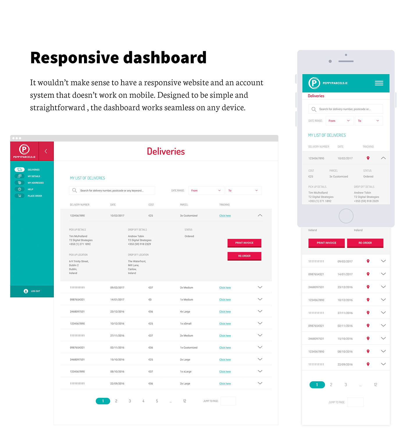 Website Responsive delivery peppy parcels quote dashboard mobile
