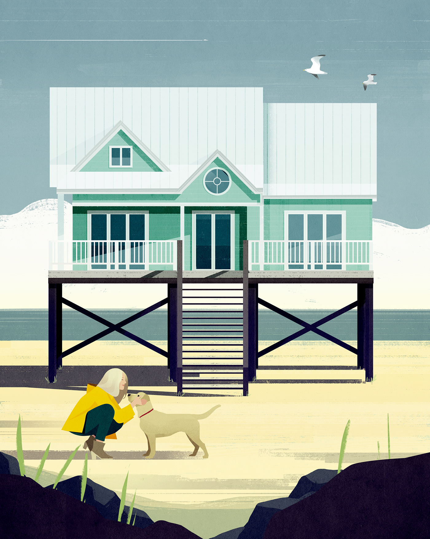 ILLUSTRATION  beach seascape sea house figurative dog