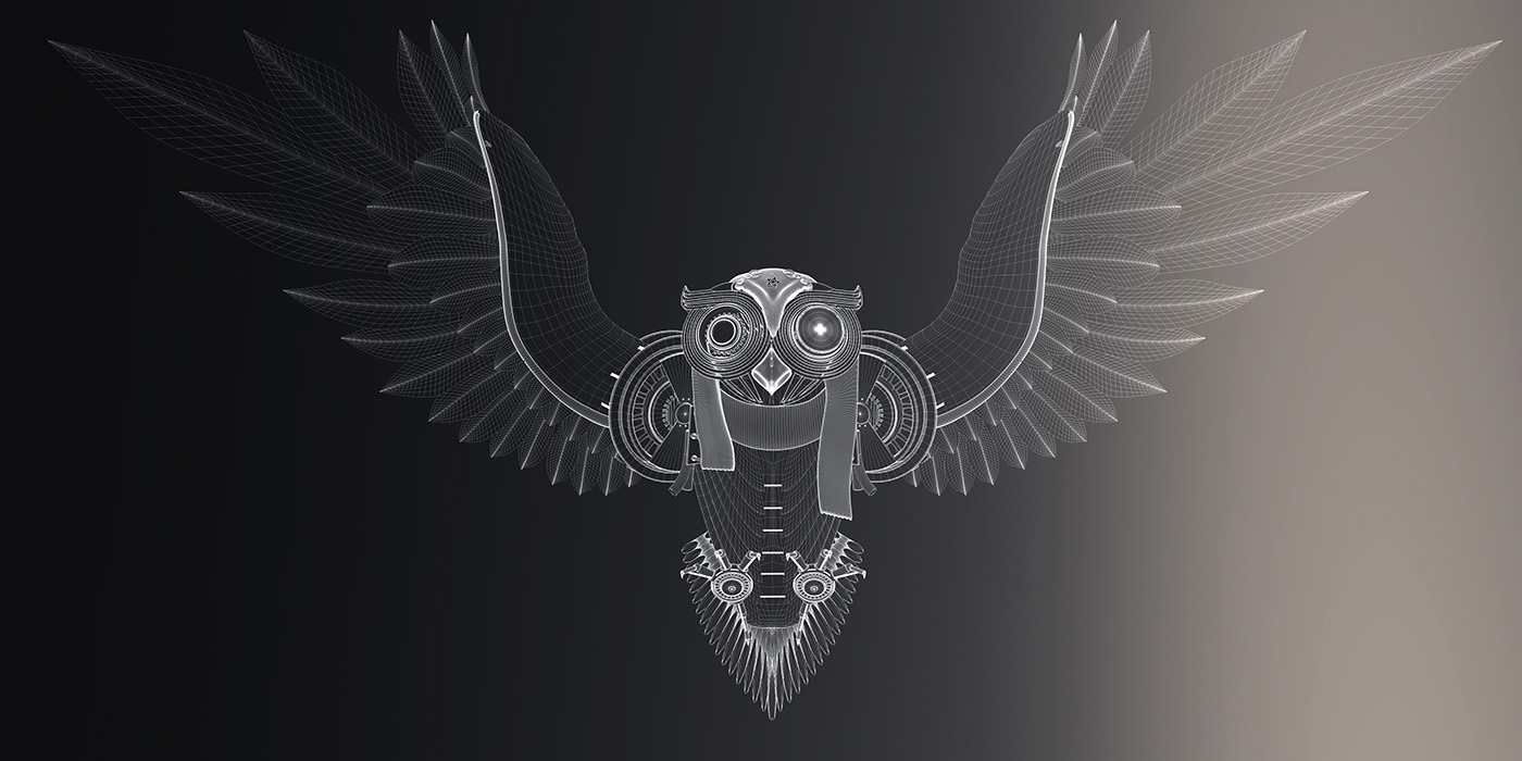 CGI owl STEAMPUNK Metall studio agency Technology logo identity HD creative anmeko Lebrov feather inspiration