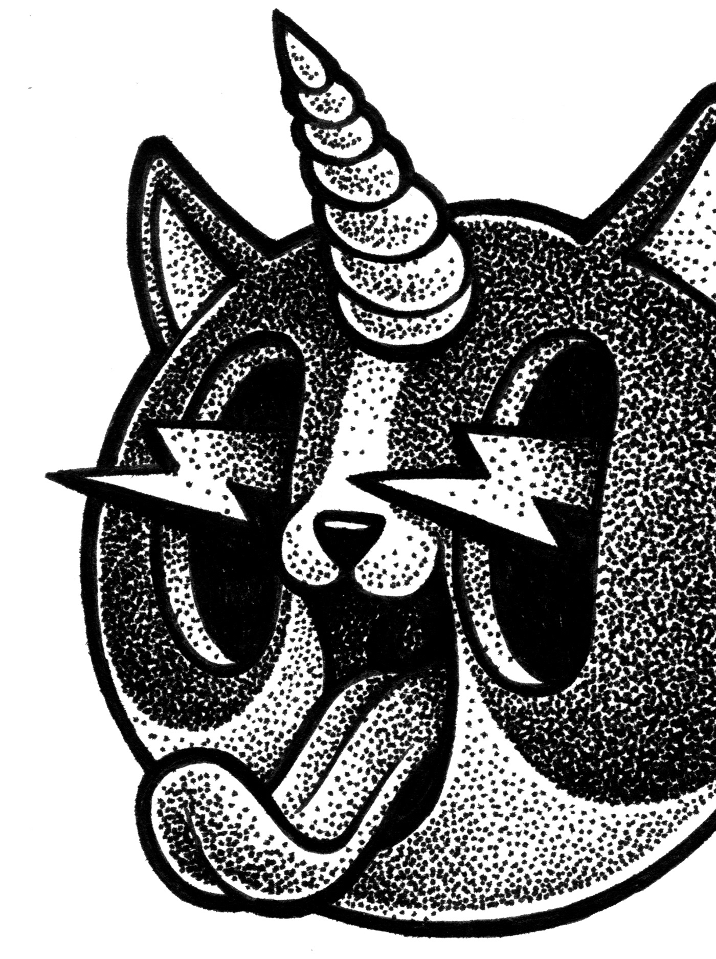 dotwork Cat skull unikorn dot paper pen liner ink