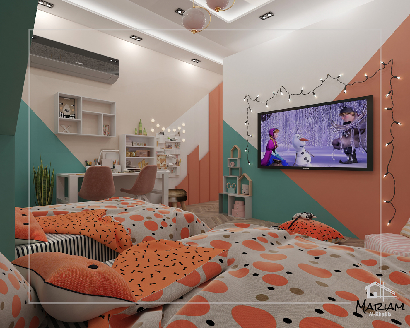 children room Colorful Patterns gender neutral kids bedroom Modern Design orange teal unisex