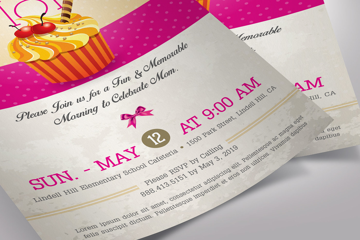 muffins moms mothers day school flyer flyer template church invitation magenta yellow retro cup cakes teachers meeting lunch and learn