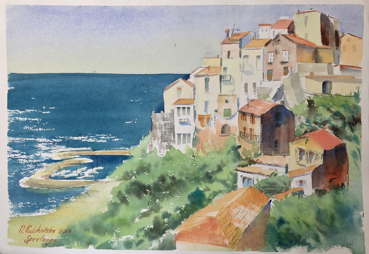watercolor Italy Landscape sea city город море