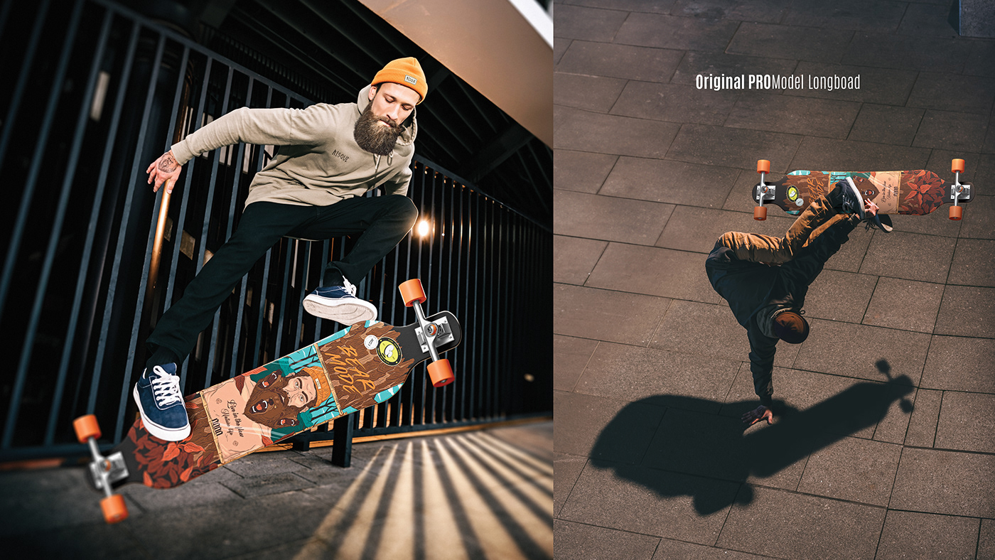 
Professional skateboarder, longboard, lifestyle, mockup, exclusive, illustration, brand, product