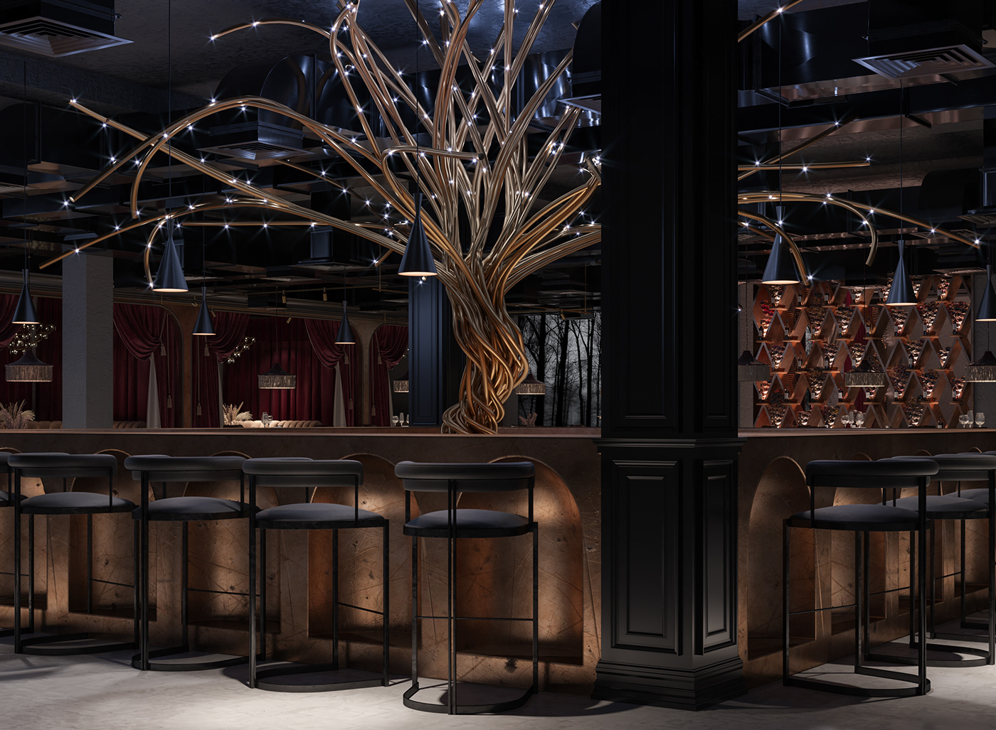 bar cafe installation Interior light night club restaurant sculpture Tree 