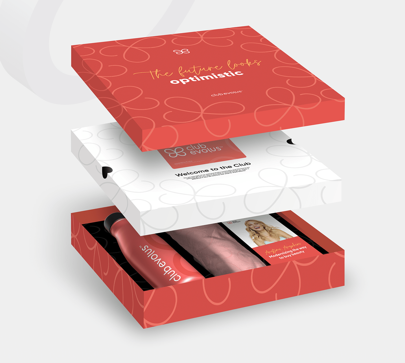 Evolus branded gift box containing branded collaterals, making use of the branding guidelines.
