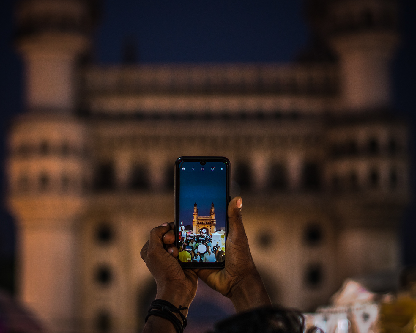 mobile phone architecture history charminar Hyderabad India street photography Travel