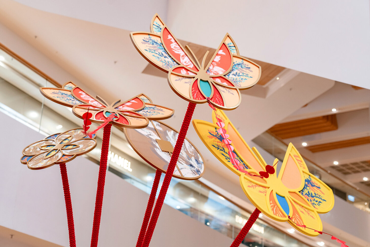 art direction  artwork butterflies chinese new year creative design hongkong ILLUSTRATION  kites Pacific Place qstudio Shopping Mall Display