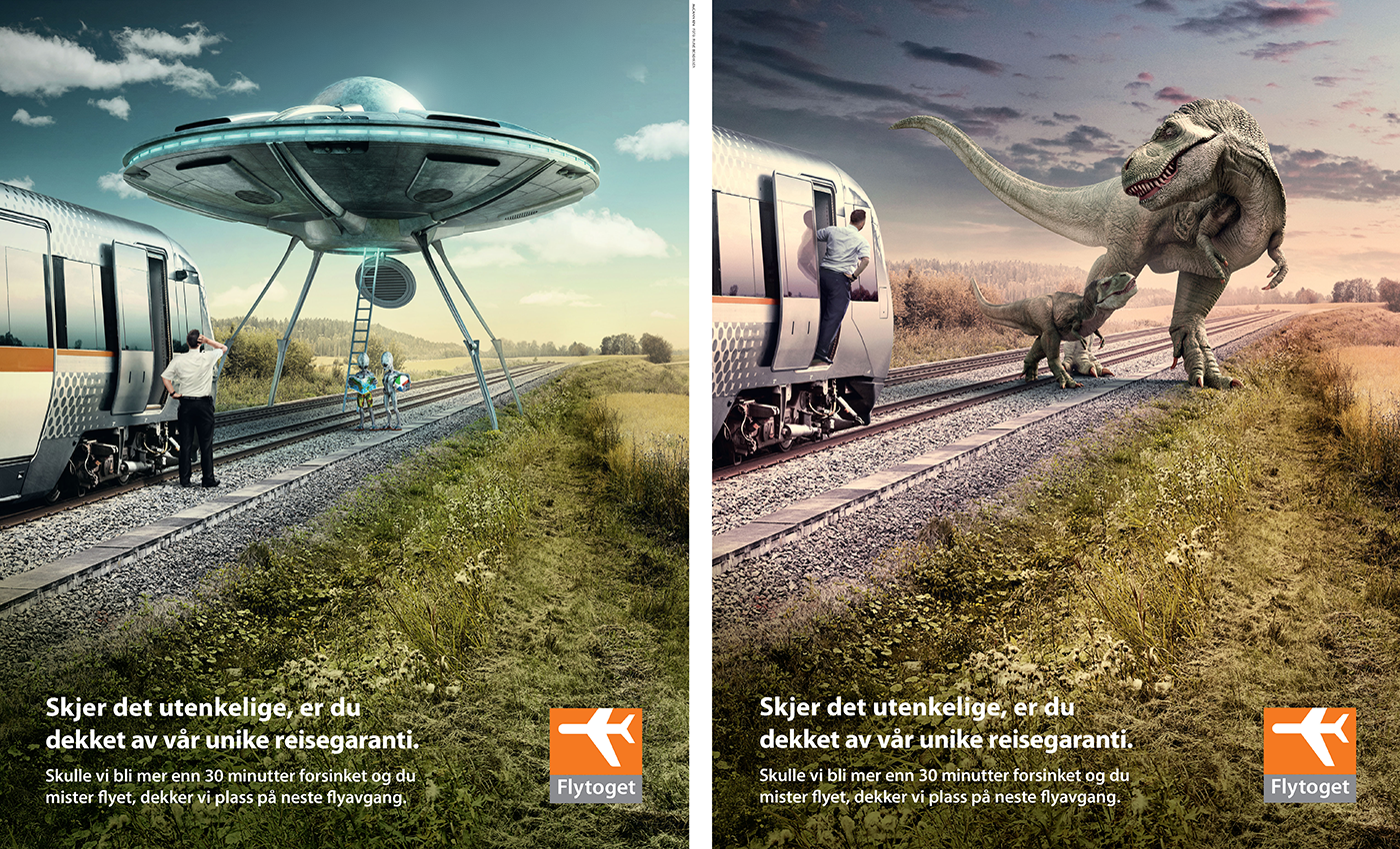 UFO train trex norway Flytoget grass SKY campaign conductor