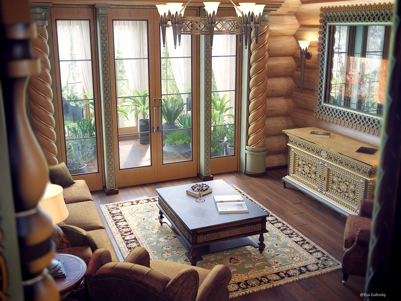 architecture rendering archviz visualization vray 3D Render wooden interior Russian style Interior