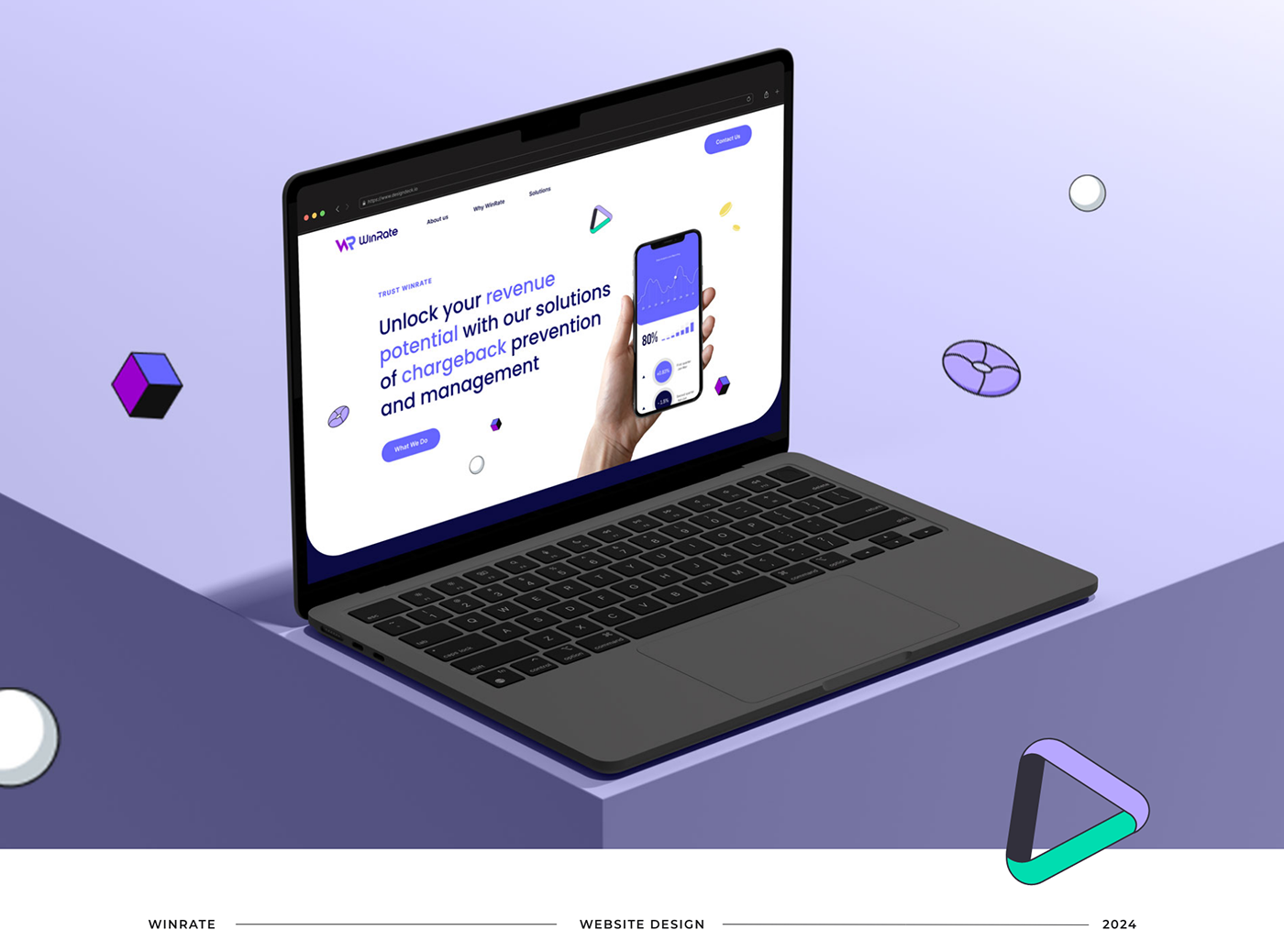 A home page mocked up on the laptop in isometric environment with little elements floating around.