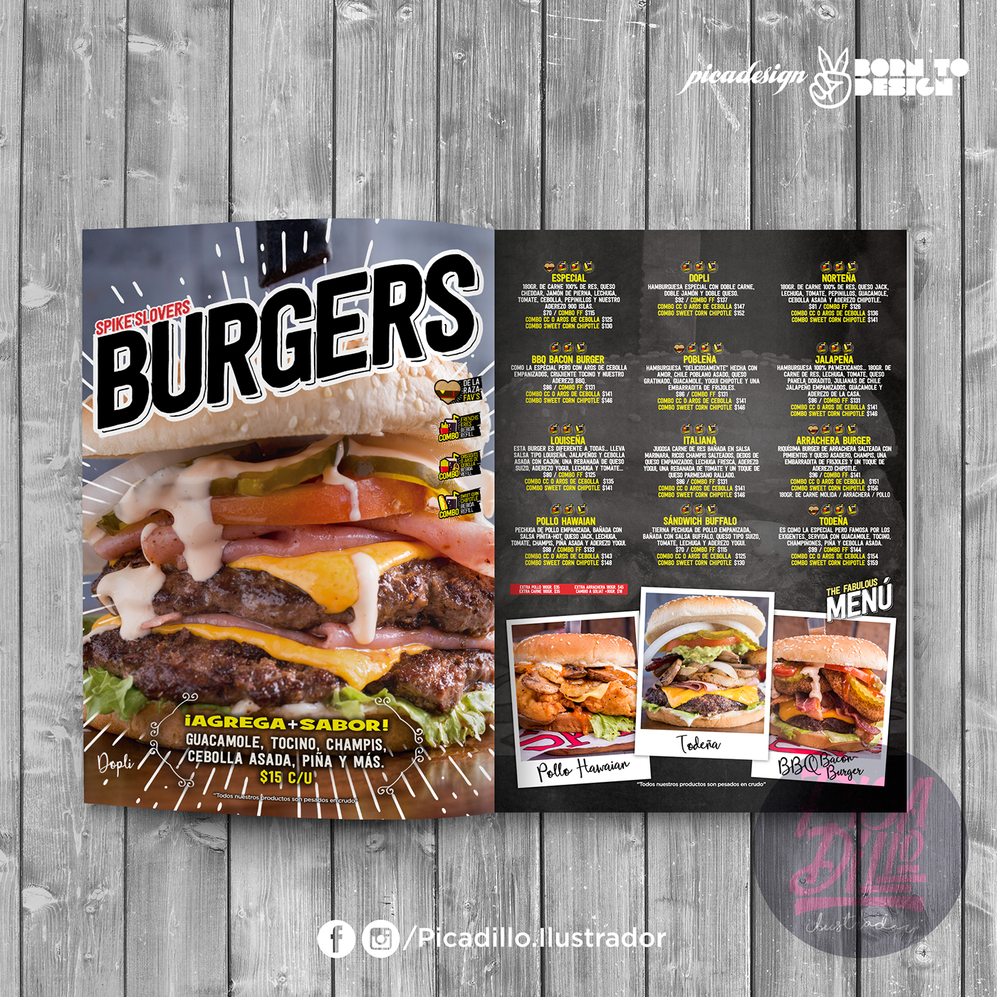 menu restaurant Burgers comida PicadilloIlustrador monterrey menu design identity diseño gráfico brand identity