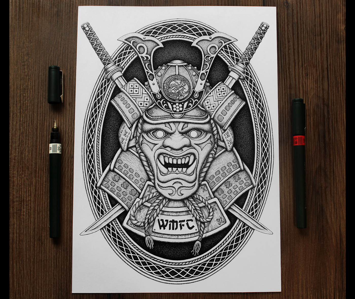 dotwork stippling Pointillism ink samurai mask japan Mempo inkonpaper design