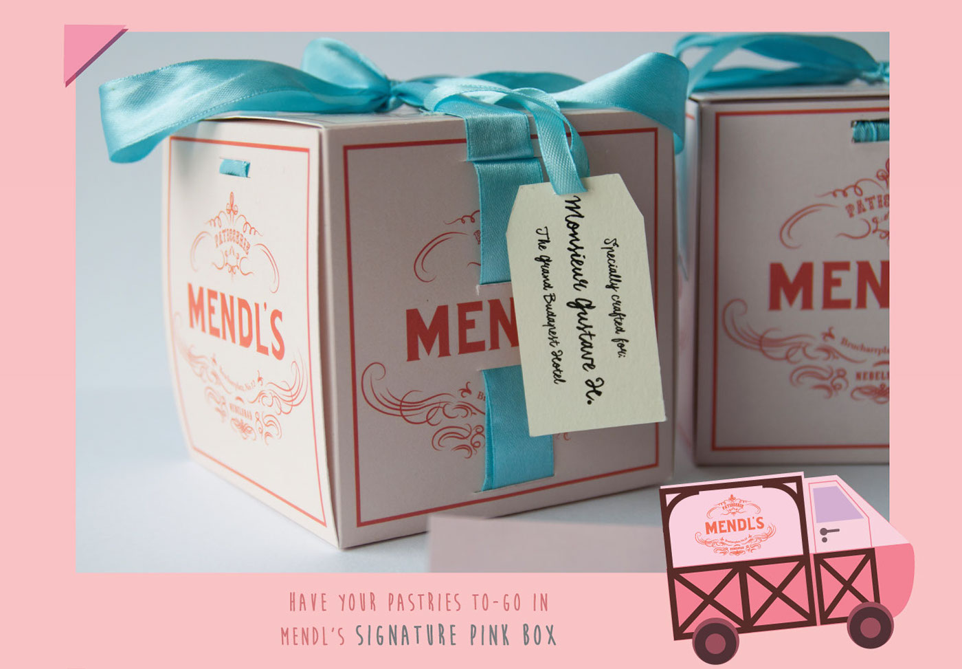 mendl's patisserie wes anderson centerpiece design grand budapest hotel Movies cake shop pastry packaging pastry shop Pink Theme props