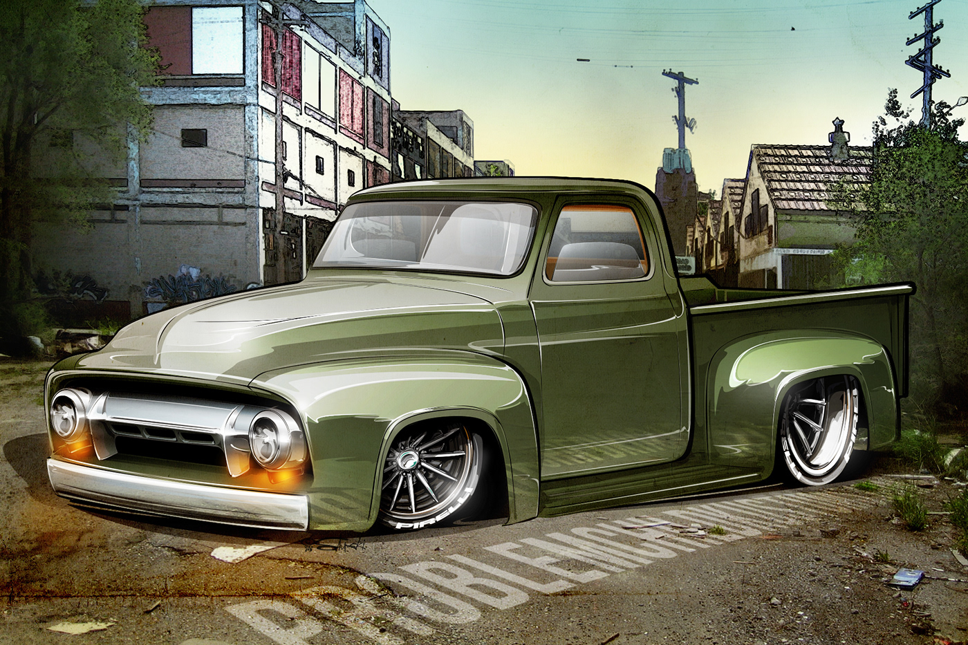 Concept art for a custom Ford pickup truck illustrated in vector by Automotive Artist Brian Stupski 