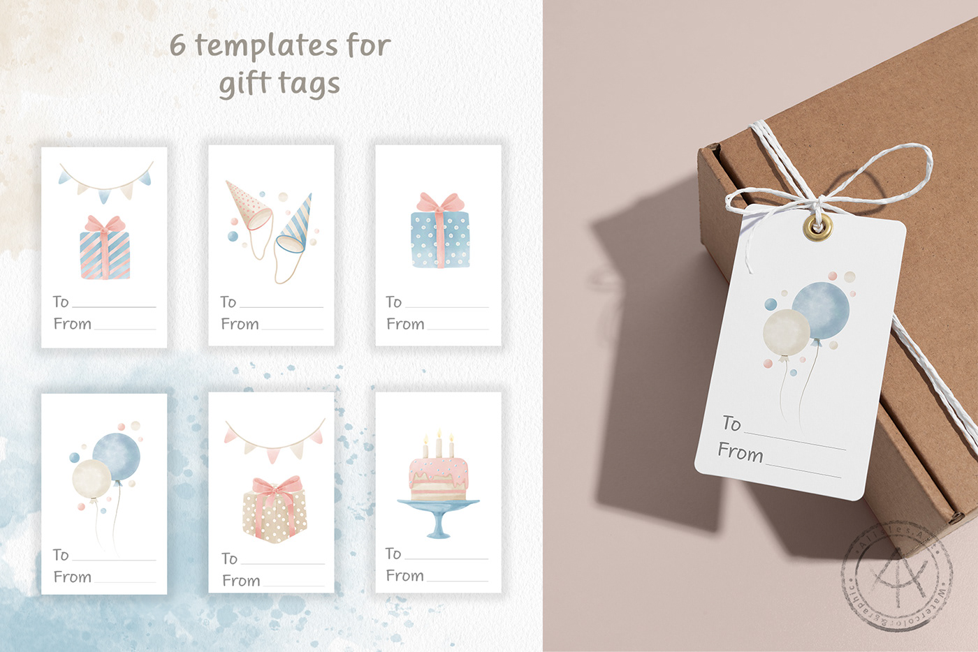 Set of watercolor tags templates for birthday