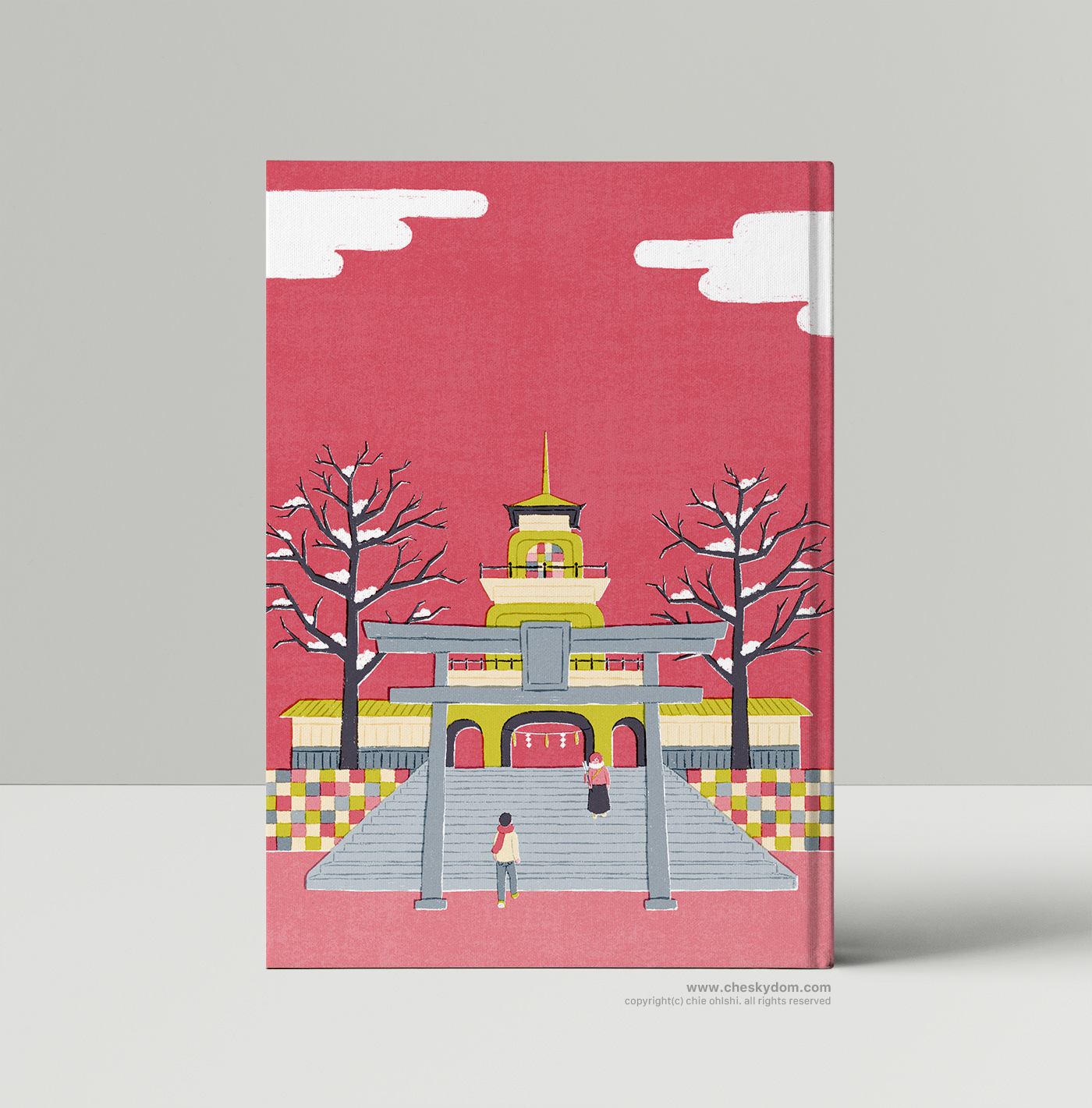 The mockup of a book cover with the illustration of the traditional shrine in Knazawa, Japan.