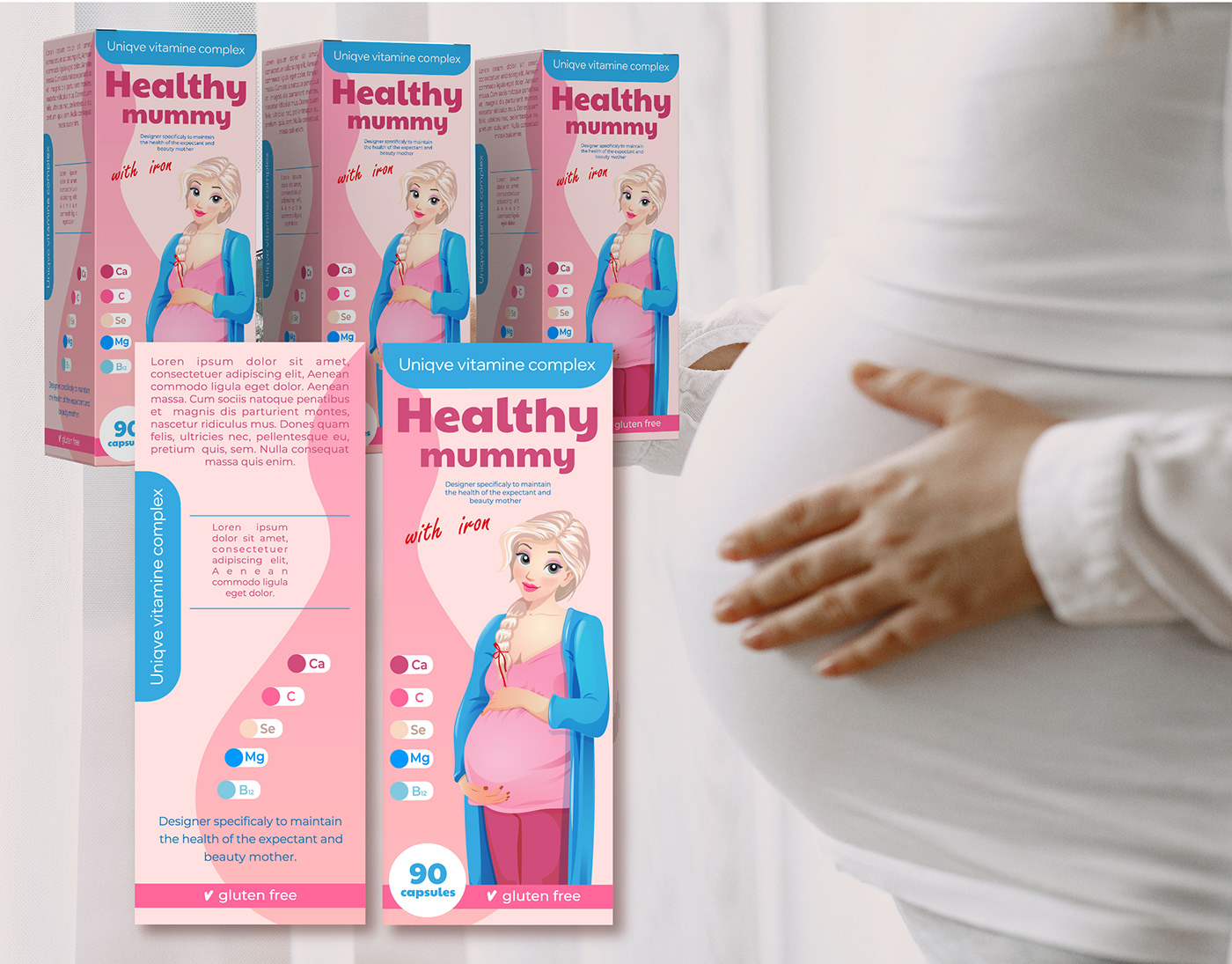 visual identity adobe illustrator vector vitamins and minerals packaging design branding  pregnancy Health blue and pink girly