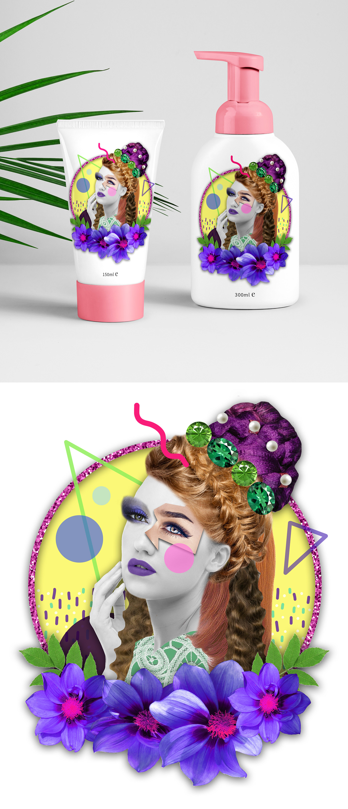 hair care packaging beauty and cosmetics label packaging hair packaging surreal collage hair products fun and colorful Pop Art