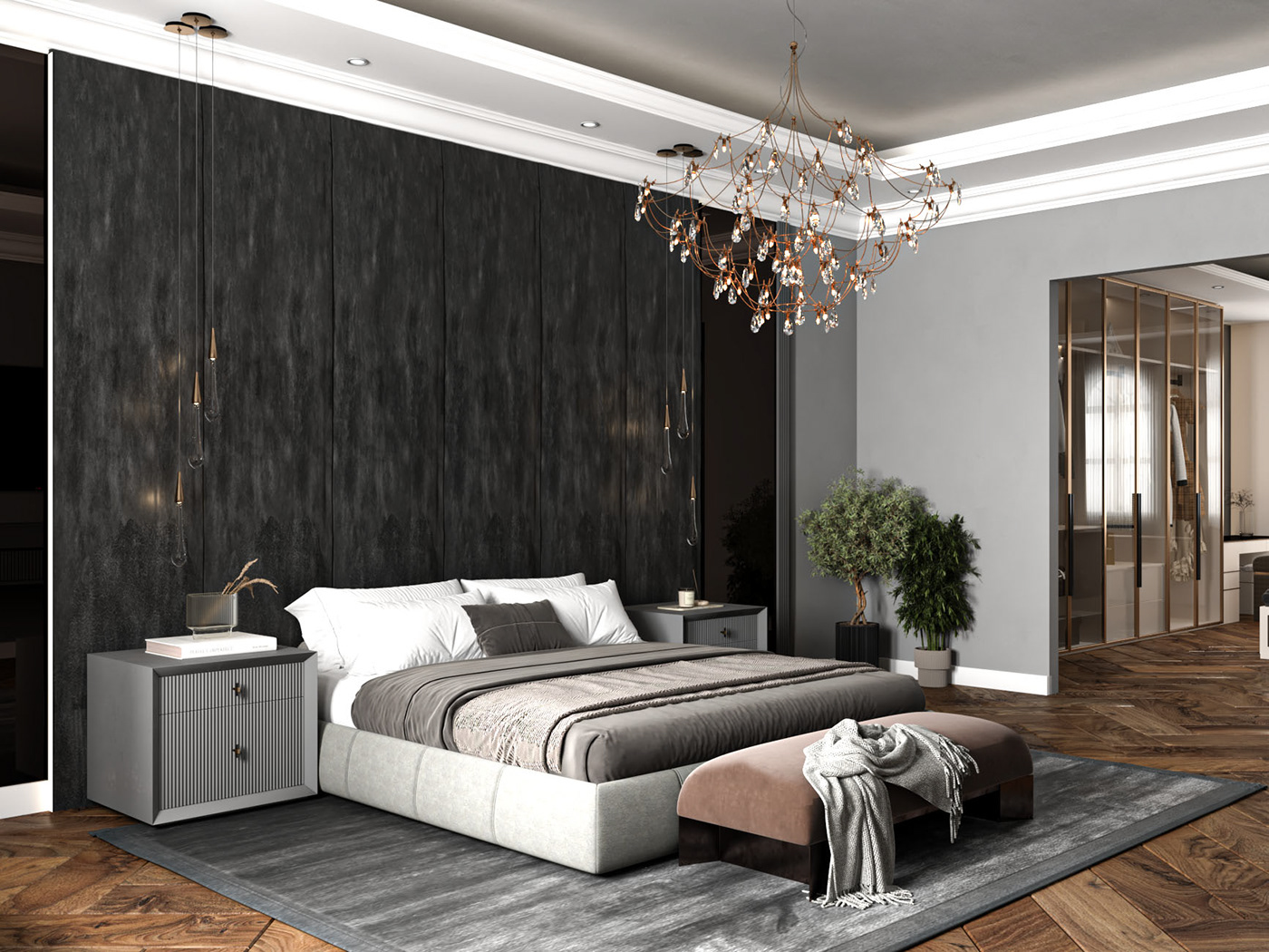 master bedroom dressing room bathroom luxurious CGI visualization Render modern dark theme walkincloset