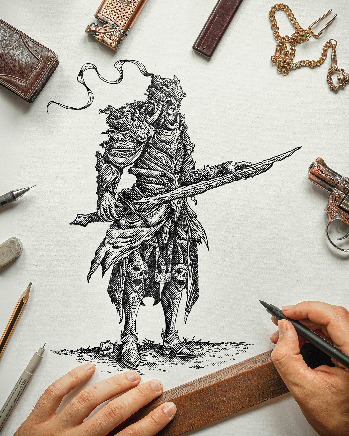 black and white drawing Detailed illustration fantasy character knight pen and ink pen illustration Pencil drawing tattoo tattoo design vintage illustration