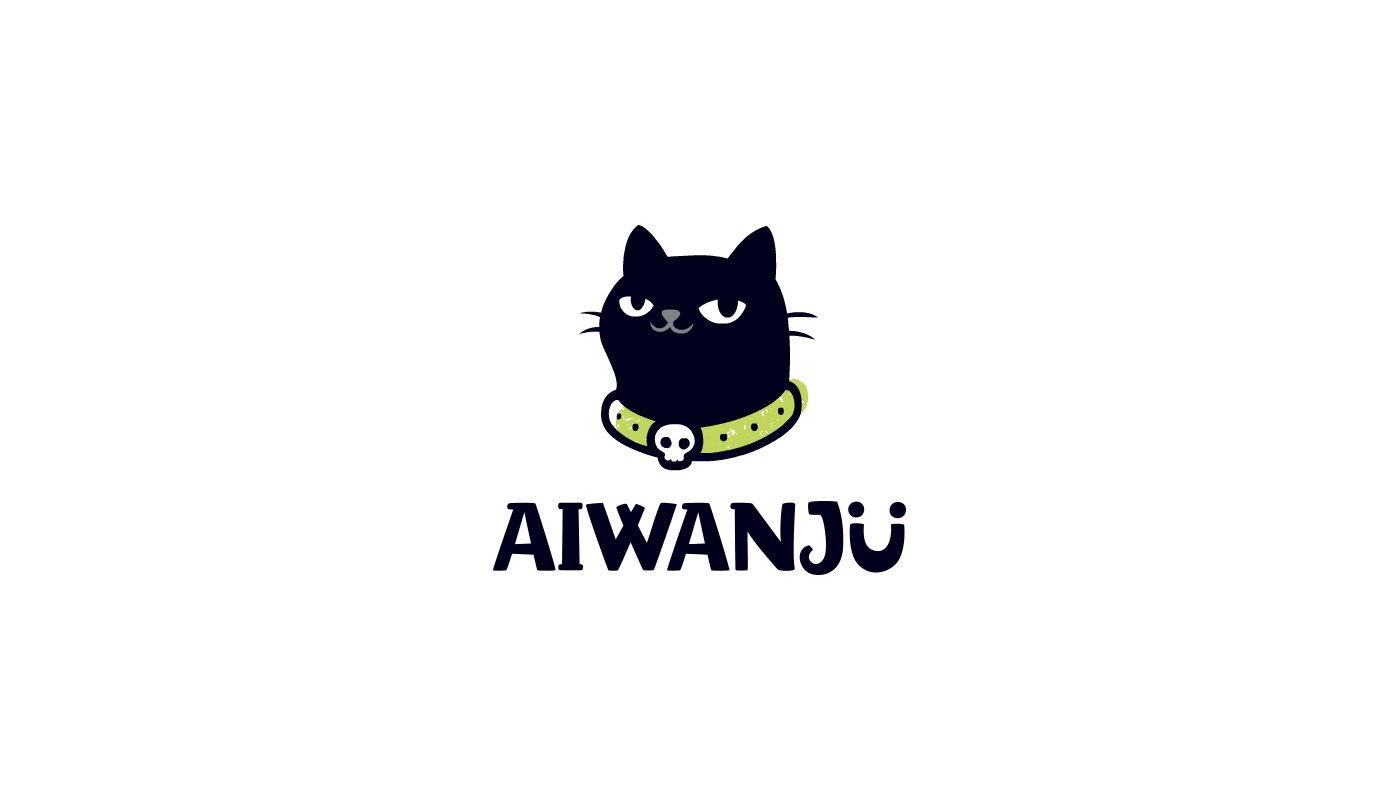 A toy store mascot logo featuring a cool black cat with green skull collar.