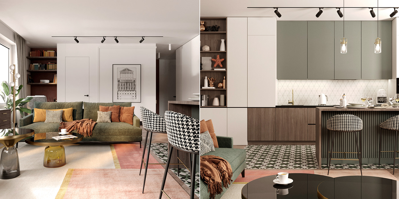 3ds max green houndstooth interior design  livingroom marsala Moscow Render visualization