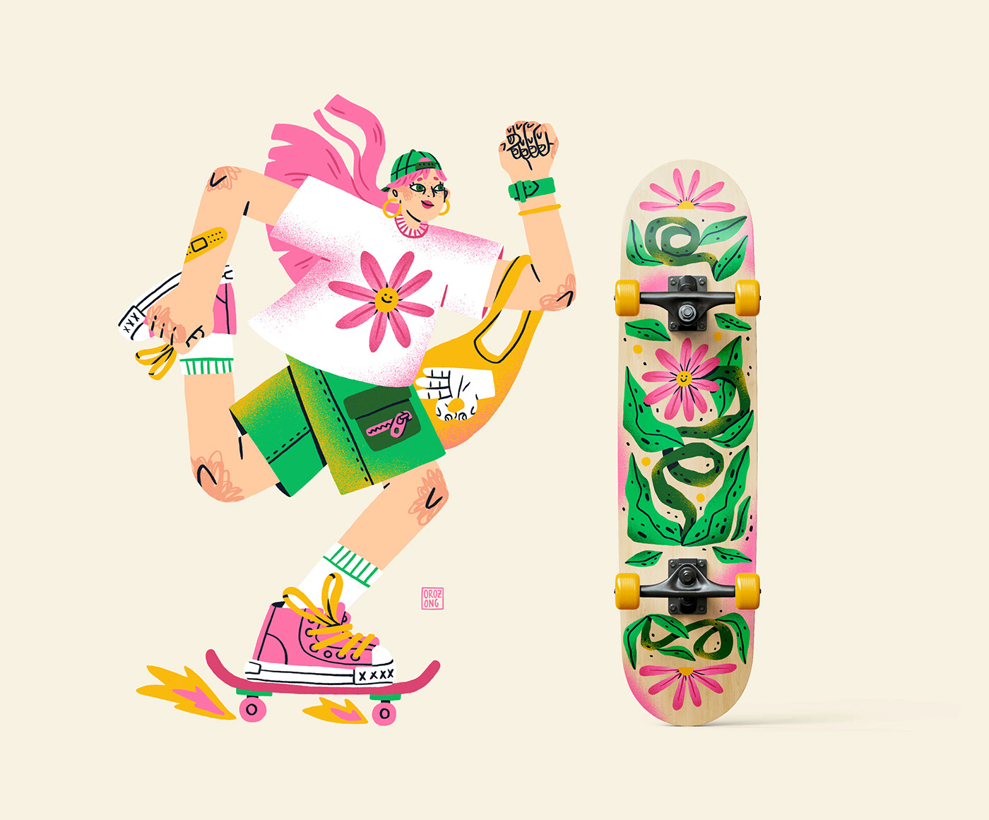 ILLUSTRATION  skate skateboard SKATEBOARD DESIGN Skateboard Illustration Illustrator flower Flower Illustration Drawing  digital illustration