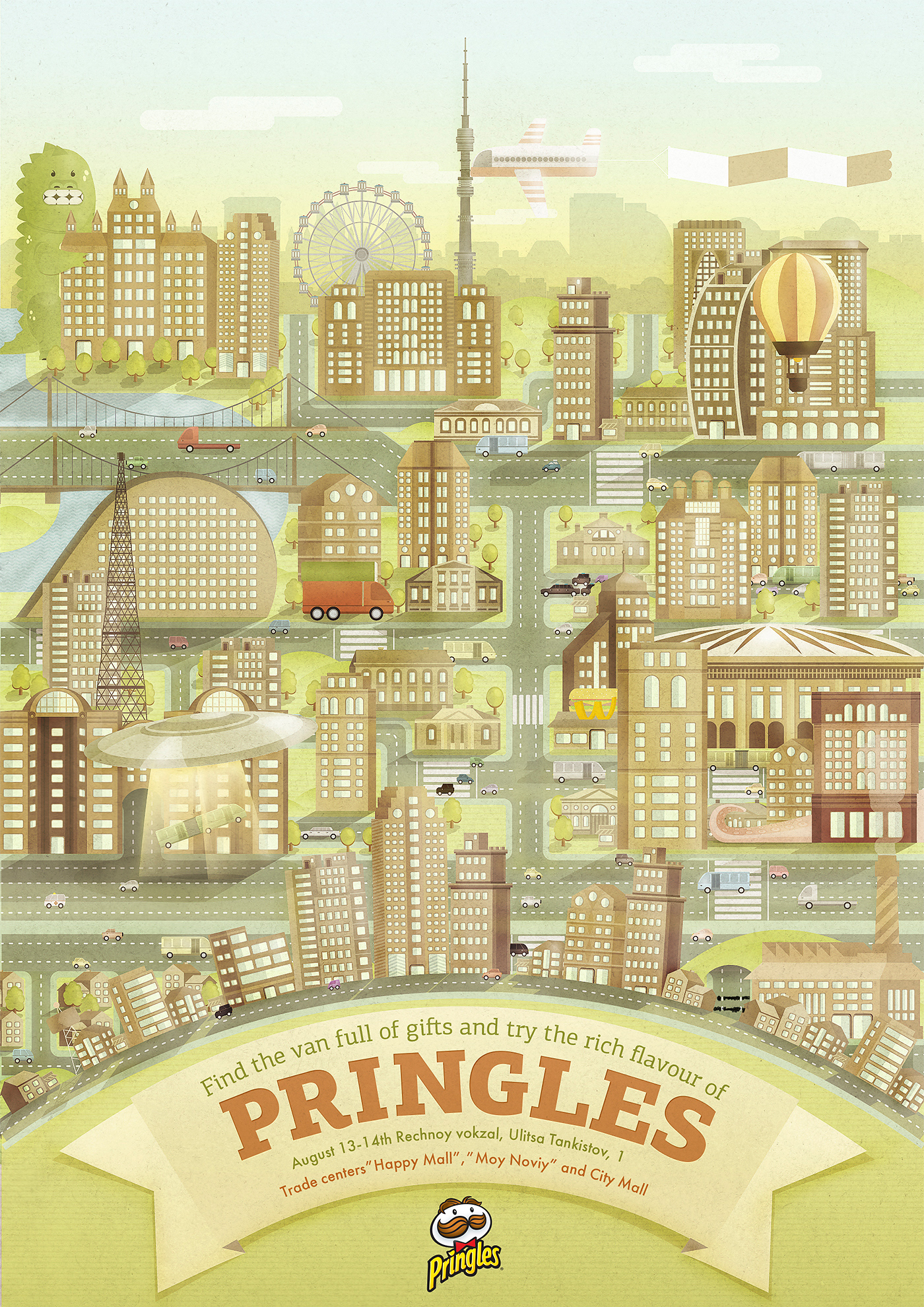 poster pringles city map Van gifts vector houses Moscow roads vintage textures Tiny UFO godzilla